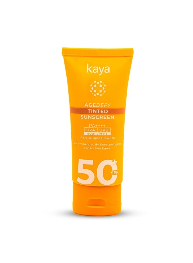 Kaya Age Defy Tinted Sunscreen SPF 50 PA+++ | Zinc Oxide, Niacinamide, Radicare Gold | Dermatologist-Developed | 22 Years Expertise | Blue Light, IR, UVA/UVB Protection | 50ml - Image 1