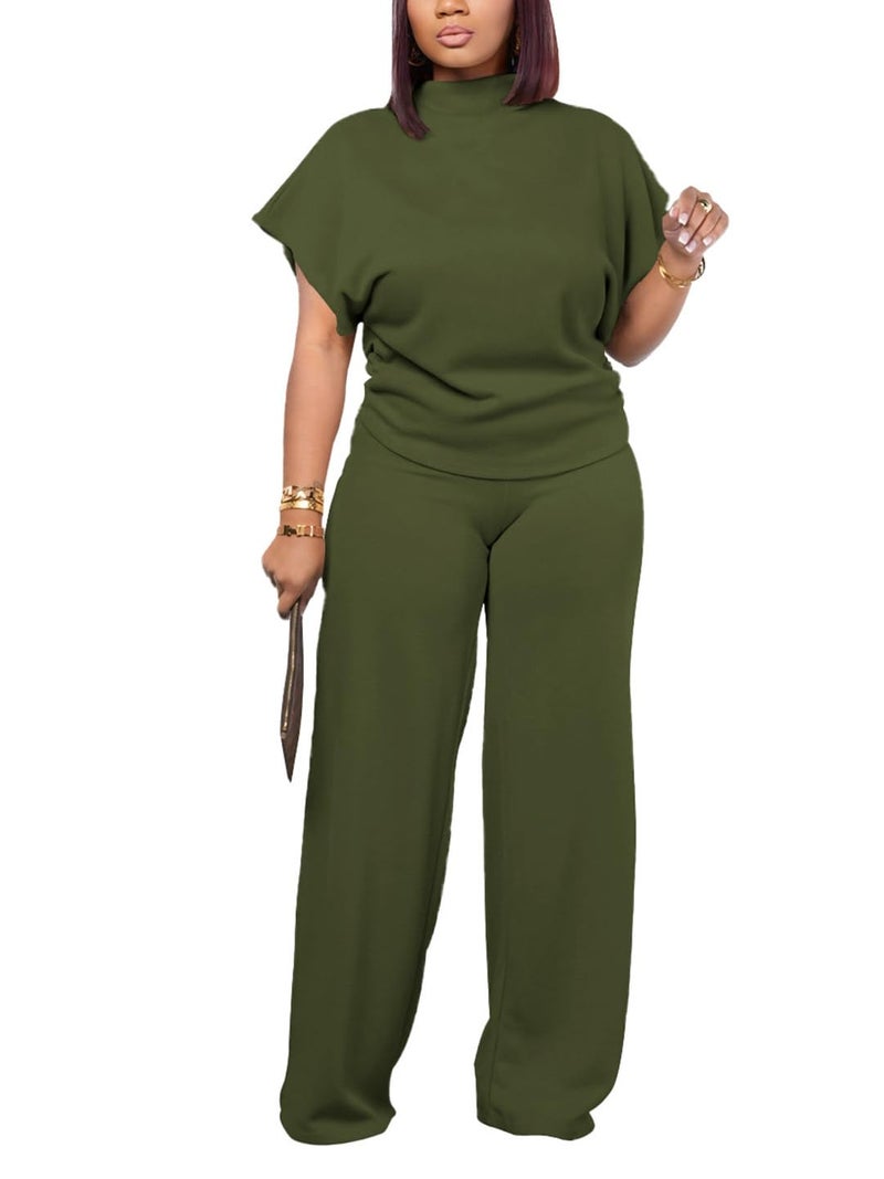 PINSV Lounge Sets For Women Casual 2 Piece Outfits Baggy Short Sleeve Top And Flare Pants Tracksuits Upgrade Army Green S - Image 1