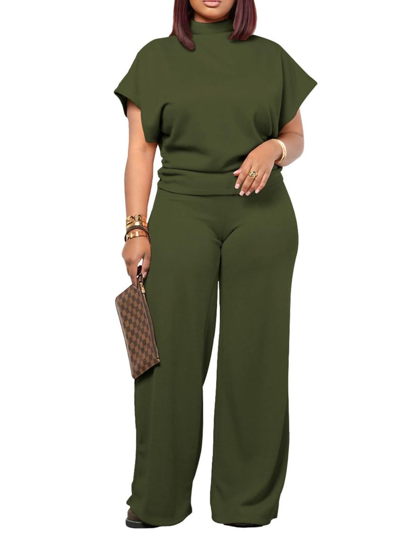 PINSV Lounge Sets For Women Casual 2 Piece Outfits Baggy Short Sleeve Top And Flare Pants Tracksuits Upgrade Army Green S - Image 2