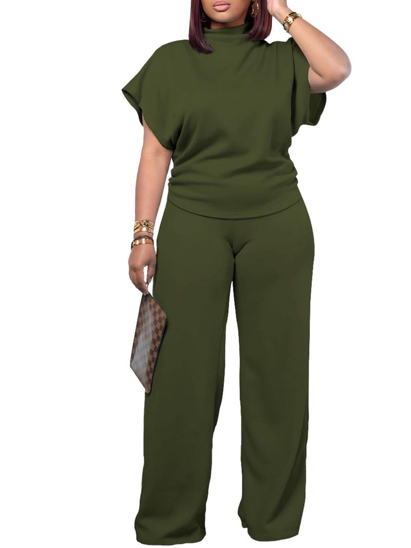 PINSV Lounge Sets For Women Casual 2 Piece Outfits Baggy Short Sleeve Top And Flare Pants Tracksuits Upgrade Army Green S - Image 3