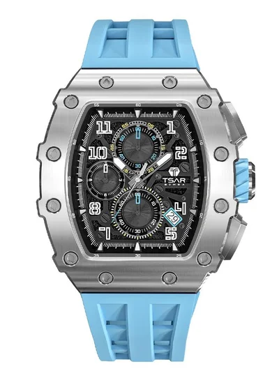 TSAR BOMBA Elemental Series 43mm Chronograph Men's Watch with Light Blue Silicone Strap