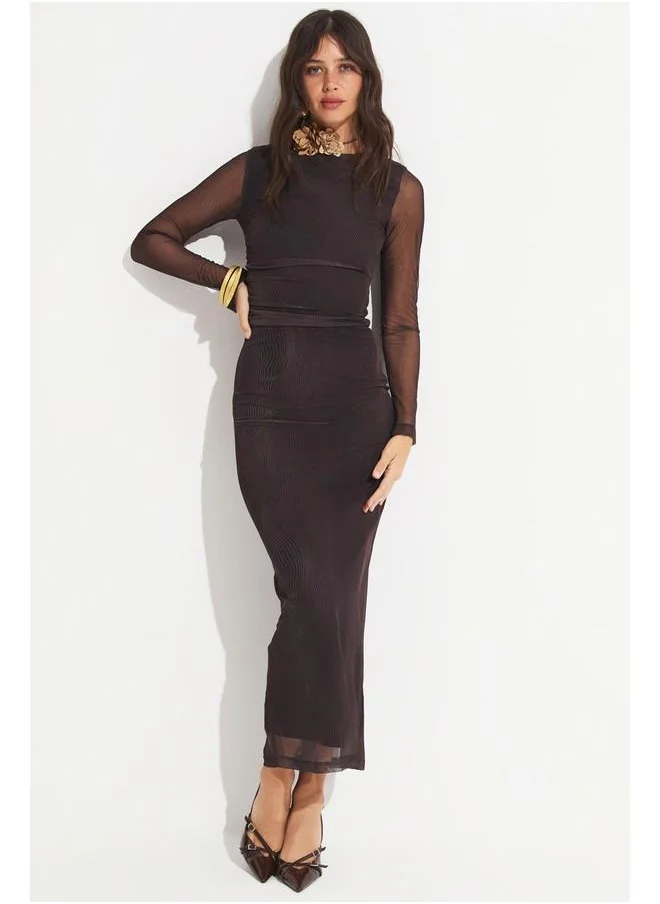JUNE June Women Crew Neck Gathered Detail Maxi Dress Brown
