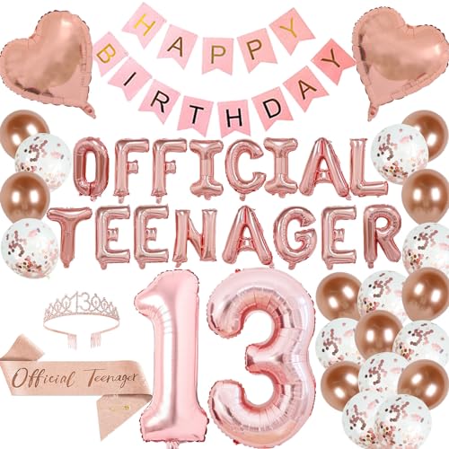 DUFACAI 13th Birthday Party Decorations OFFICIAL TEENAGER Party Balloons 13th Birthday Tiara Official Teenager Sash Happy Birthday Banner for 13 Year Old Girls Birthday Party Favor Supplies rose gold - Image 1