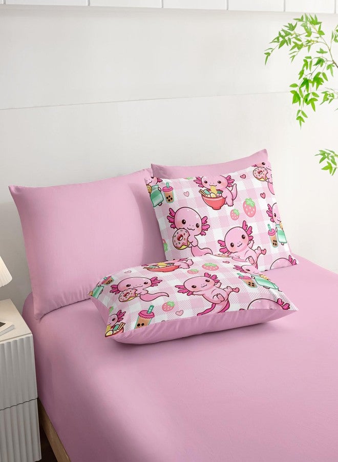HOSIMA 7Pcs Axolotl Comforter Set Twin Size for Girls Princess Bedding,Pink Cartoon Axolotl Eat Dessert Print Bedding Set Twin Bed in a Bag Set with Sheets for Kawaii Room Decor with 4 Pillowcases. - Image 4