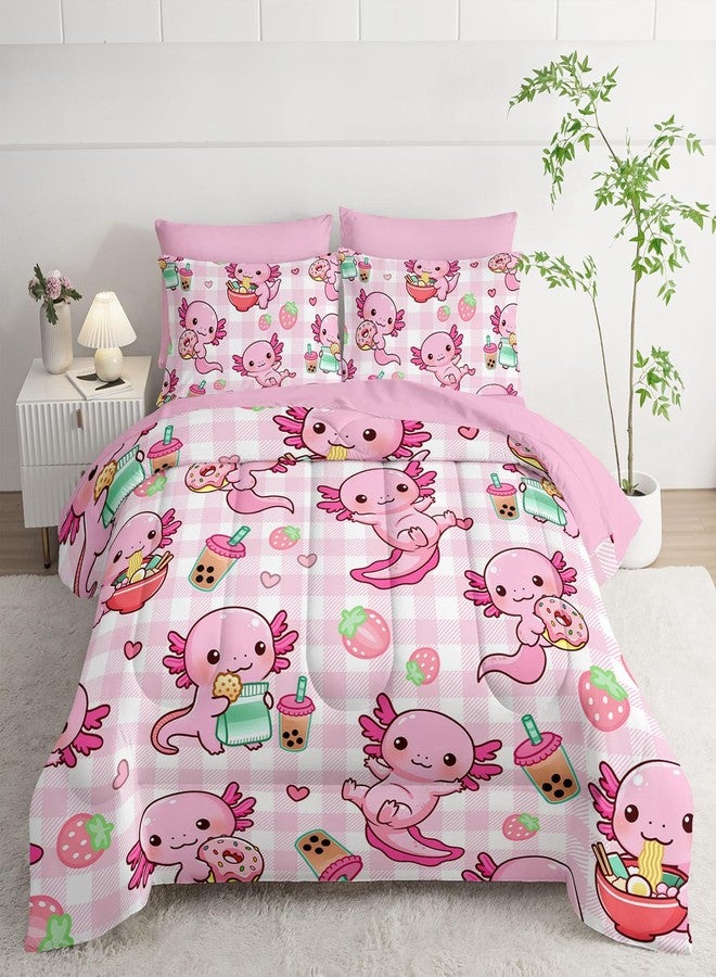 HOSIMA 7Pcs Axolotl Comforter Set Twin Size for Girls Princess Bedding,Pink Cartoon Axolotl Eat Dessert Print Bedding Set Twin Bed in a Bag Set with Sheets for Kawaii Room Decor with 4 Pillowcases. - Image 2