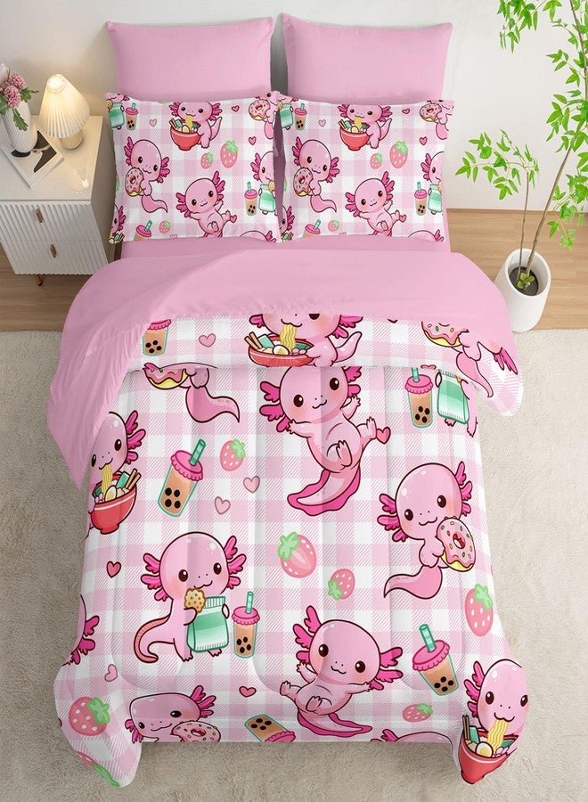 HOSIMA 7Pcs Axolotl Comforter Set Twin Size for Girls Princess Bedding,Pink Cartoon Axolotl Eat Dessert Print Bedding Set Twin Bed in a Bag Set with Sheets for Kawaii Room Decor with 4 Pillowcases. - Image 1
