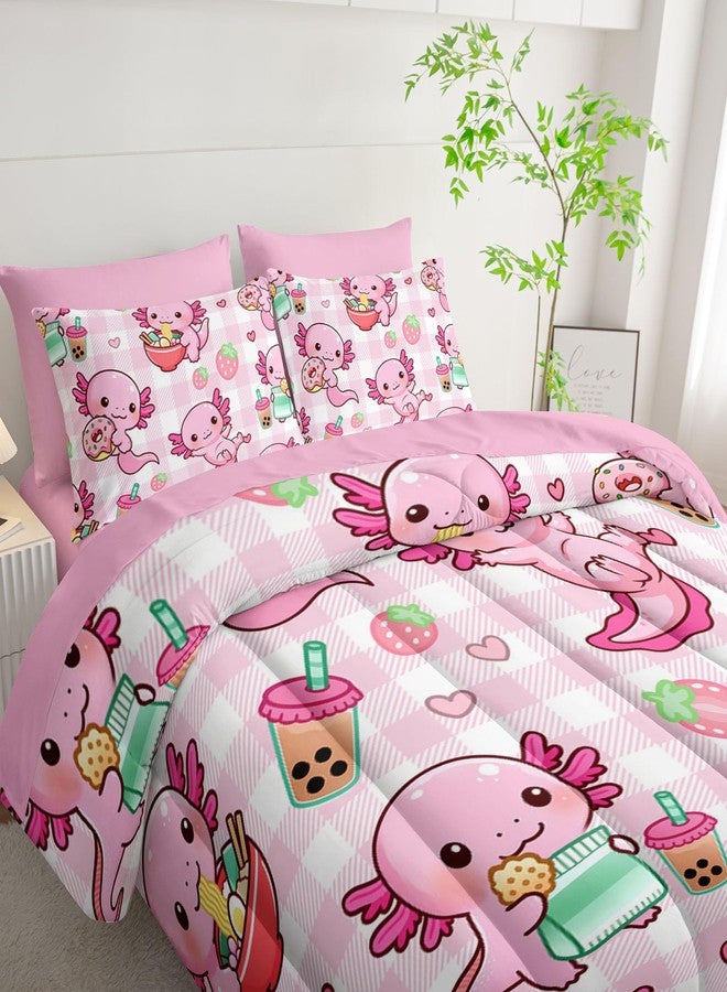 HOSIMA 7Pcs Axolotl Comforter Set Twin Size for Girls Princess Bedding,Pink Cartoon Axolotl Eat Dessert Print Bedding Set Twin Bed in a Bag Set with Sheets for Kawaii Room Decor with 4 Pillowcases. - Image 5
