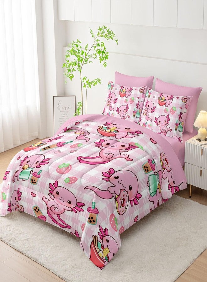HOSIMA 7Pcs Axolotl Comforter Set Twin Size for Girls Princess Bedding,Pink Cartoon Axolotl Eat Dessert Print Bedding Set Twin Bed in a Bag Set with Sheets for Kawaii Room Decor with 4 Pillowcases. - Image 3