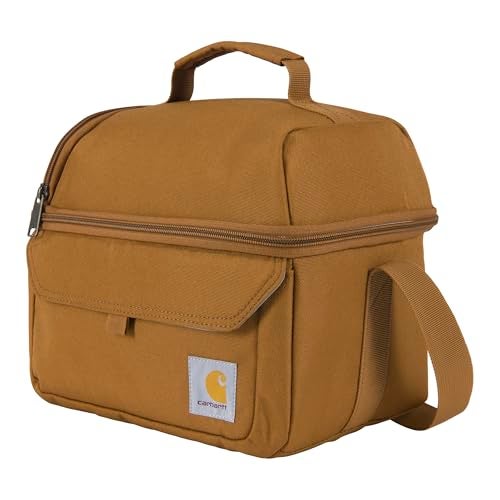 carhartt صندوق غداء كار هارت 12 علبة ذو قسمين | حقيبة غداء متينة ومعزولة بالكامل للنساء والرجال، صندوق غداء كبير (بني كار هارت) - Image 1