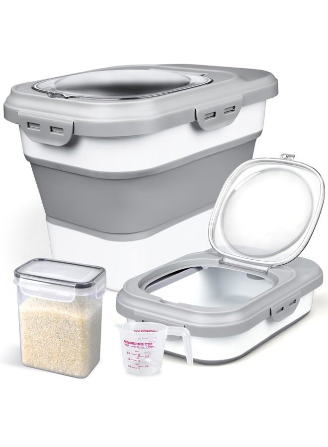 Komzon Rice Storage Container, Collapsible Airtight Food Storage Containers 6-20 Lbs, Rice Dispenser with Measuring Cup and Small Bin for Flour Cereal Pasta Grain, Cat Pet Dog Bird Food Container - Image 1