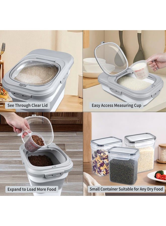 Komzon Rice Storage Container, Collapsible Airtight Food Storage Containers 6-20 Lbs, Rice Dispenser with Measuring Cup and Small Bin for Flour Cereal Pasta Grain, Cat Pet Dog Bird Food Container - Image 3