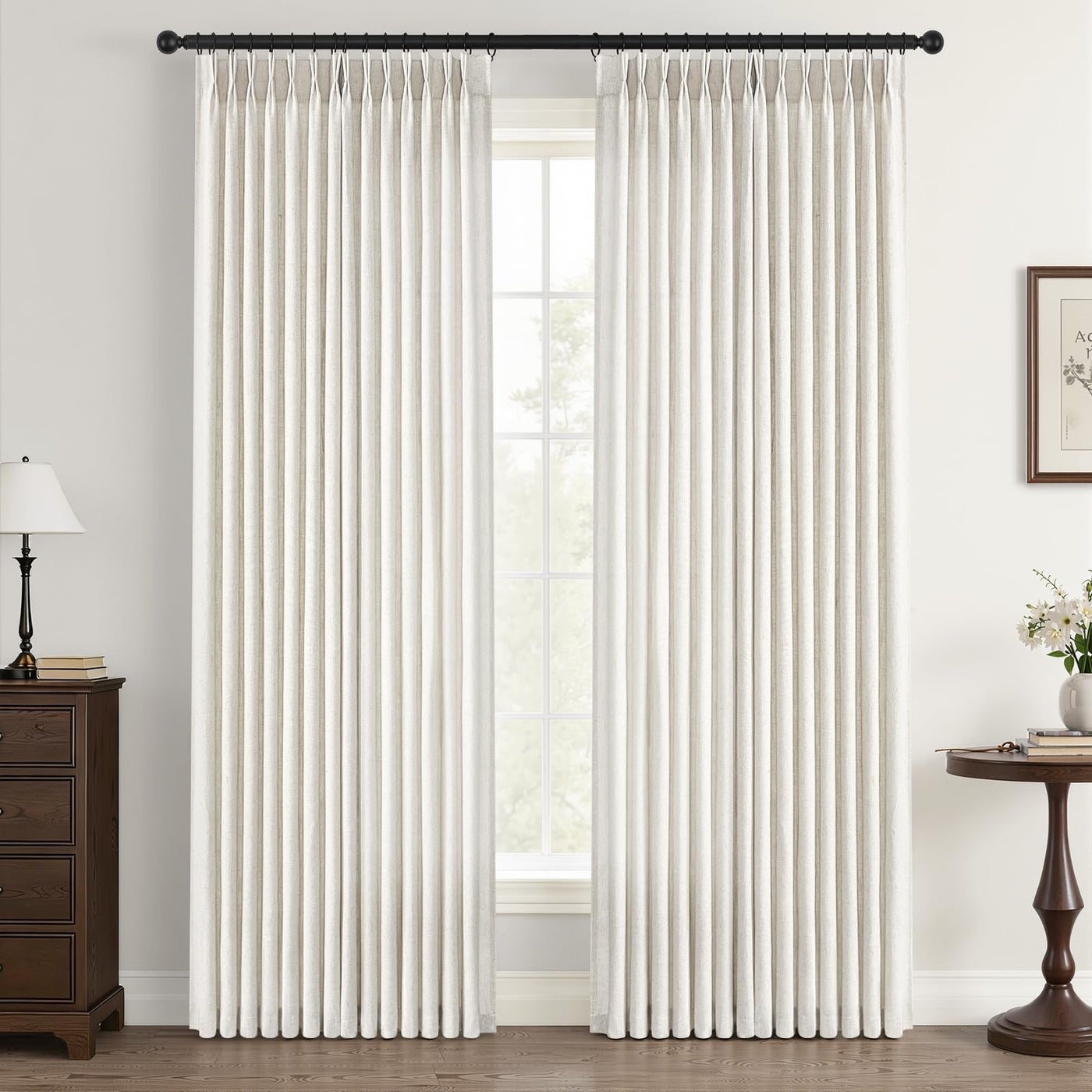 Drapenova Natural Pinch Pleated Linen Curtains 84 Inch Long 2 Panels for Living Room Bedroom Country Farmhouse Thick Linen Textured Semi Sheer Back Tab Pinch Pleat Hooks Rings Window Curtain Birch Cre
