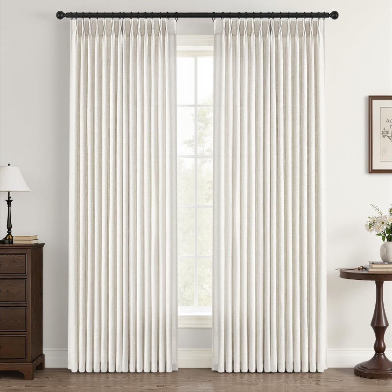 Drapenova Natural Pinch Pleated Linen Curtains 84 Inch Long 2 Panels for Living Room Bedroom Country Farmhouse Thick Linen Textured Semi Sheer Back Tab Pinch Pleat Hooks Rings Window Curtain Birch Cream 7 FT - Image 1