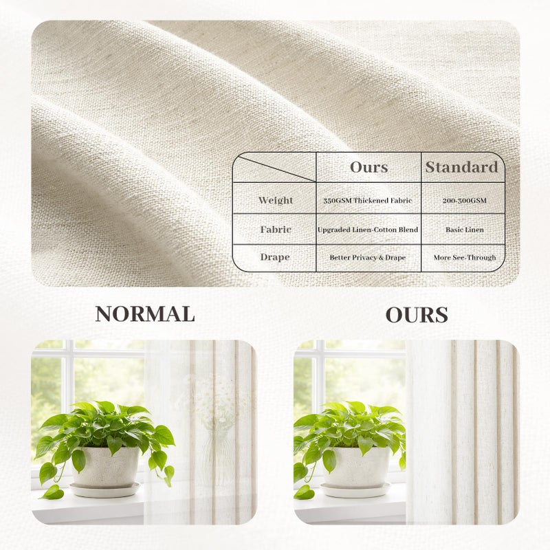Drapenova Natural Pinch Pleated Linen Curtains 84 Inch Long 2 Panels for Living Room Bedroom Country Farmhouse Thick Linen Textured Semi Sheer Back Tab Pinch Pleat Hooks Rings Window Curtain Birch Cream 7 FT - Image 5