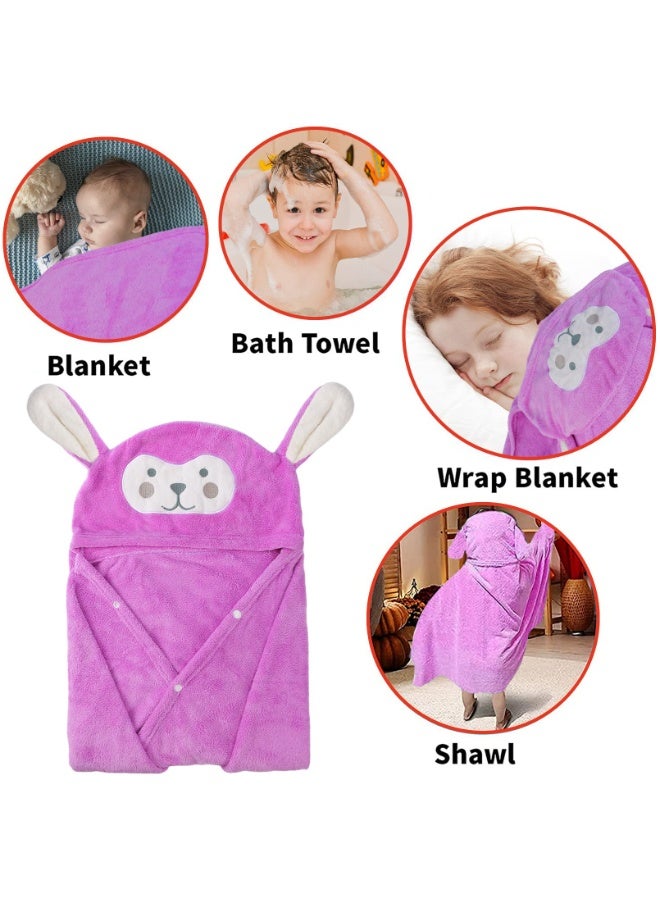 Children's Hooded Bath Towel, Super Absorbent Quick Dry Coral Fleece Cape, Cartoon Animal Design, 70x140CM, Purple - Image 5