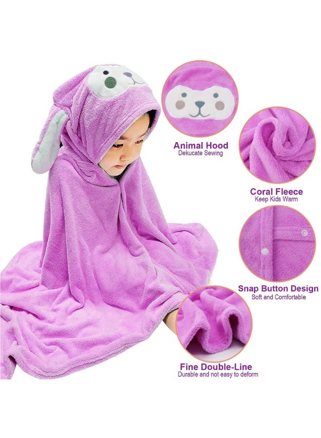 Children's Hooded Bath Towel, Super Absorbent Quick Dry Coral Fleece Cape, Cartoon Animal Design, 70x140CM, Purple - Image 2