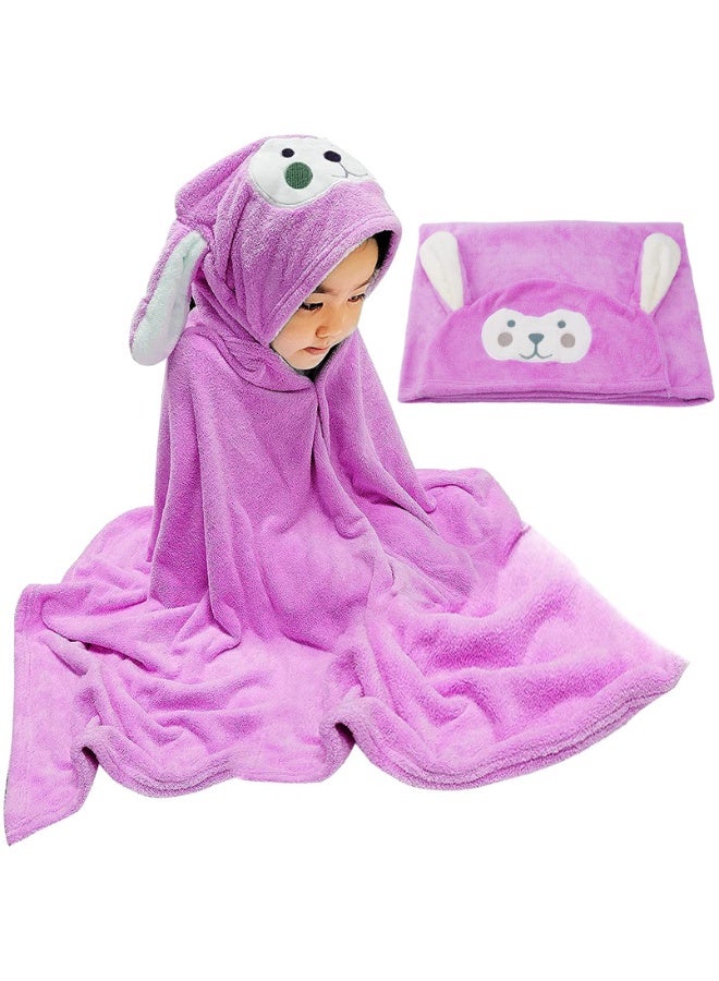 Children's Hooded Bath Towel, Super Absorbent Quick Dry Coral Fleece Cape, Cartoon Animal Design, 70x140CM, Purple - Image 1