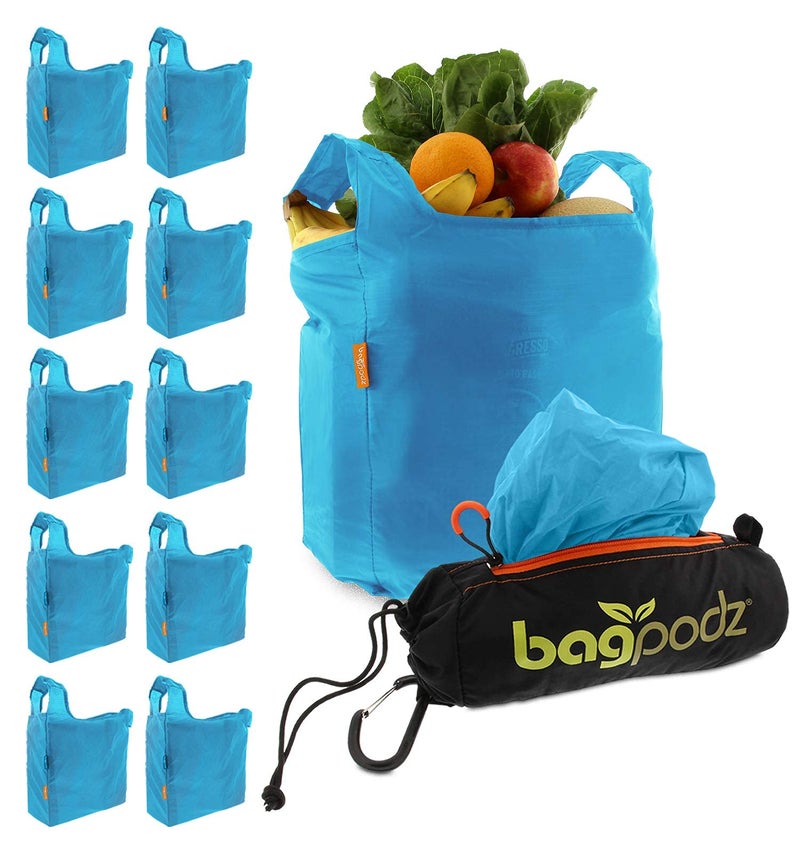 bagpodz Sturdy Reusable Grocery Bags Foldable and Washable - Made From RipStop Nylon Hold 50lbs - Designed in USA Reusable Shopping Bags Inside a Compact Pod with Carry Clip - 10 Pack in Blue - Image 1
