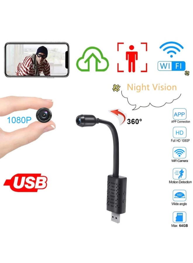 SHOPI Full HD 4K 1080P USB Wifi Mini Camera WiFi Camera Wireless USB Plug Small Security Camera 1080P HD Motion Detection Monitor for Home Office Indoor
