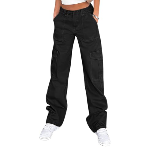 Lepunuo Parachute Pants for Womens Wide Leg Cargo Pants Y2k with Pockets Baggy Casual Harajuku Streetwear Black - Image 1
