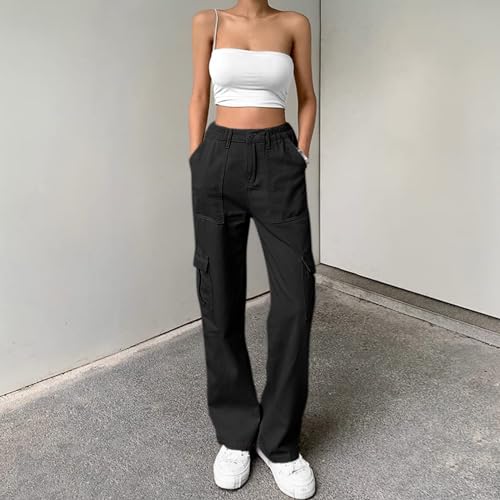 Lepunuo Parachute Pants for Womens Wide Leg Cargo Pants Y2k with Pockets Baggy Casual Harajuku Streetwear Black - Image 2