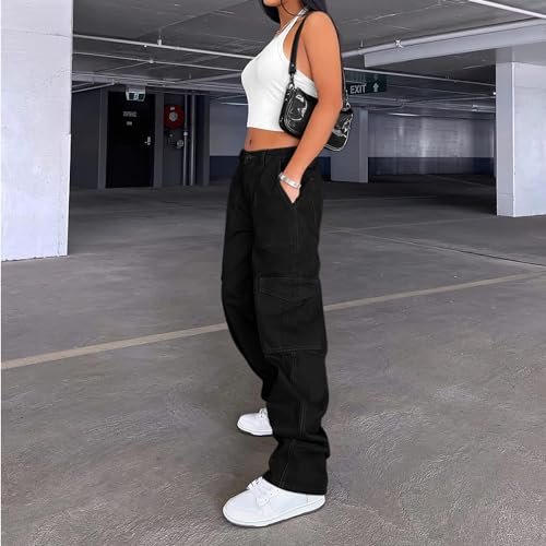 Lepunuo Parachute Pants for Womens Wide Leg Cargo Pants Y2k with Pockets Baggy Casual Harajuku Streetwear Black - Image 3