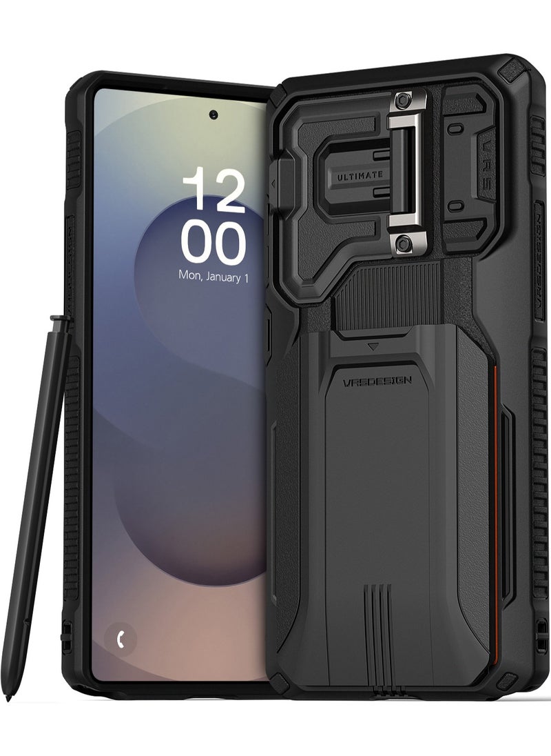 VRS Design D-Wallet Origin Fit Samsung Galaxy S25 ULTRA Case Cover Wallet with Semi Automatic Credit Card Holder Slot [3 Cards] & Camera Lens Protector - Black 