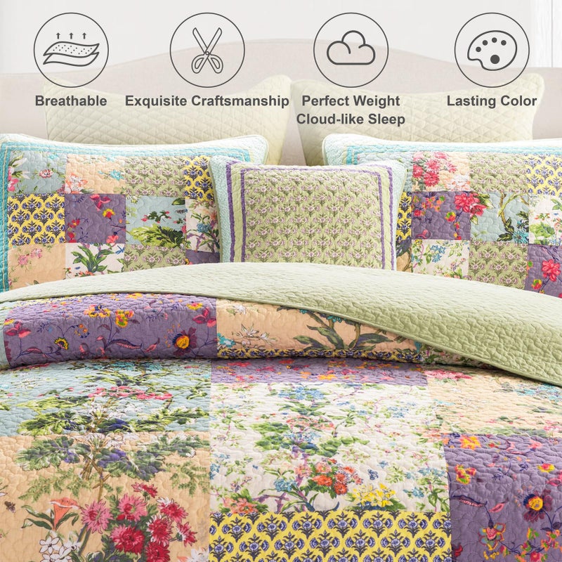 YAYIDAY Oversized King Bedspread Patchwork Quilt Set (120x118 Inch) - 100% Cotton Reversible Breathable Colorful Floral Quilted Coverlet with Pillow Shams for All Seasons - Image 2