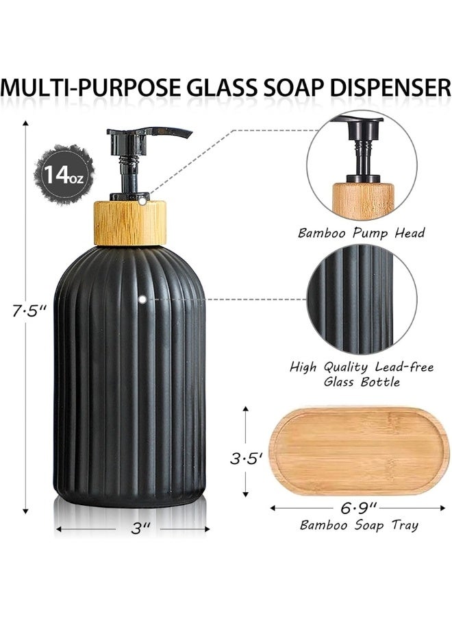 2 Pieces Glass Soap Dispenser with Wooden Tray for Bathroom and Kitchen Sink Refillable Multi-Purpose, 400ml (Black) - Image 3