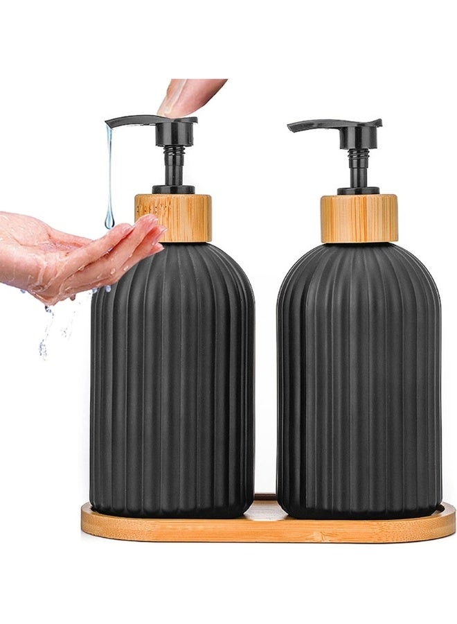2 Pieces Glass Soap Dispenser with Wooden Tray for Bathroom and Kitchen Sink Refillable Multi-Purpose, 400ml (Black) - Image 1
