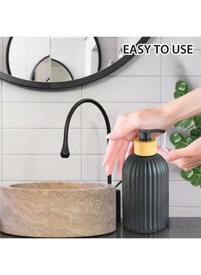 2 Pieces Glass Soap Dispenser with Wooden Tray for Bathroom and Kitchen Sink Refillable Multi-Purpose, 400ml (Black) - Image 2