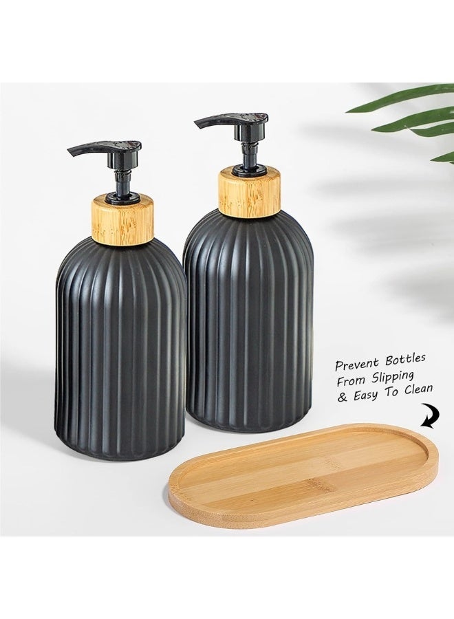 2 Pieces Glass Soap Dispenser with Wooden Tray for Bathroom and Kitchen Sink Refillable Multi-Purpose, 400ml (Black) - Image 4
