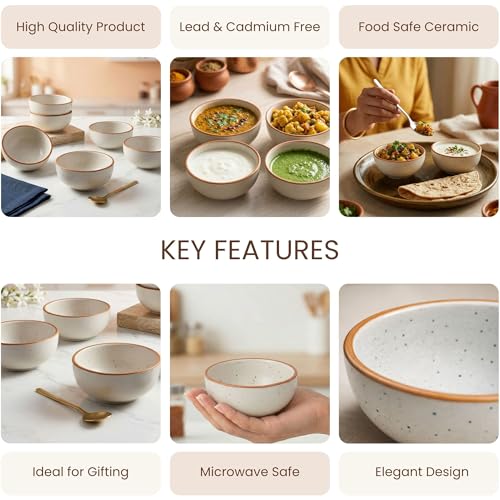 The Earth Store White Matte Brown 150ml Ceramic Bowl, Dishwasher & Microwave Safe, Serving Bowl for Snacks, Dal, Curry, Fruits, Salad & Maggi, Serving Mixing Bowl, Perfect for Gifting - Set of 6 - Image 4