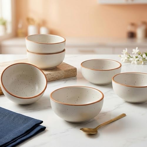 The Earth Store White Matte Brown 150ml Ceramic Bowl, Dishwasher & Microwave Safe, Serving Bowl for Snacks, Dal, Curry, Fruits, Salad & Maggi, Serving Mixing Bowl, Perfect for Gifting - Set of 6 - Image 1
