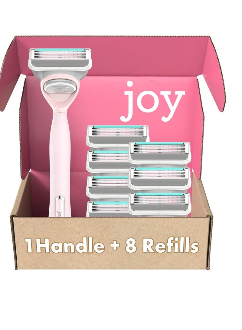 JOY Razors for Women, 1 Handle, 8 Razor Blade Refills, Pink, Lubrastrip to Help Avoid Skin Irritation - Image 1