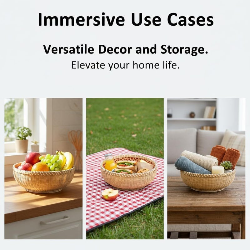 Excefore Set of 3 Round Wicker Fruit and Bread Baskets – Stackable Rattan Kitchen Storage Bowls, Rustic Woven Serving Baskets for Home Decor, Picnic, Countertop Organizer - Image 4