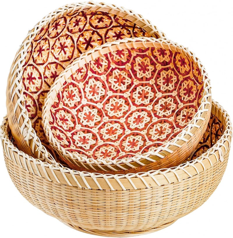 Excefore Set of 3 Round Wicker Fruit and Bread Baskets – Stackable Rattan Kitchen Storage Bowls, Rustic Woven Serving Baskets for Home Decor, Picnic, Countertop Organizer - Image 1