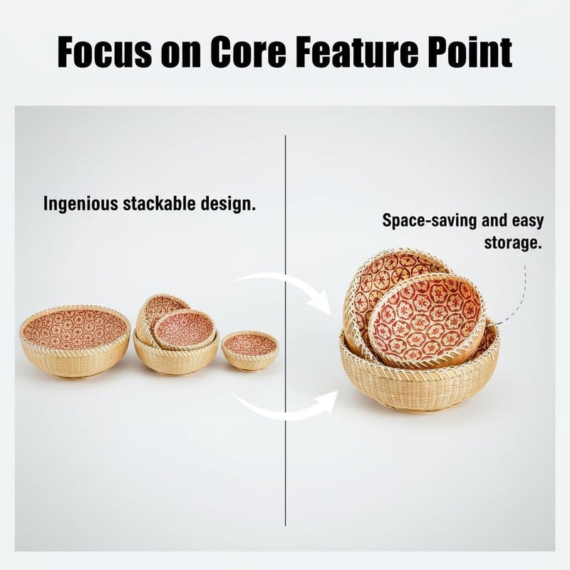 Excefore Set of 3 Round Wicker Fruit and Bread Baskets – Stackable Rattan Kitchen Storage Bowls, Rustic Woven Serving Baskets for Home Decor, Picnic, Countertop Organizer - Image 3