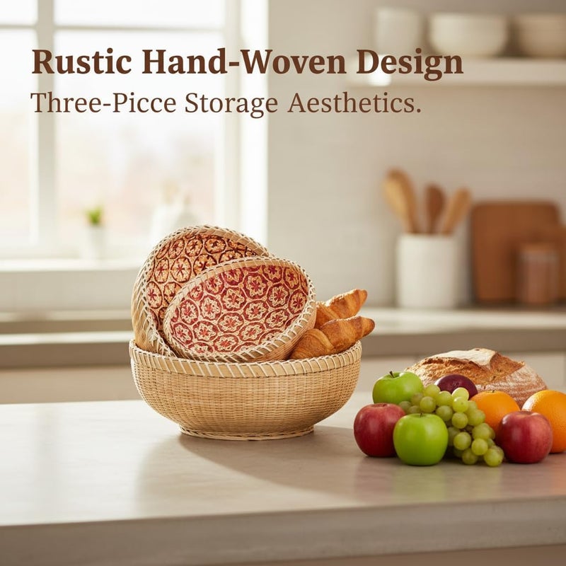 Excefore Set of 3 Round Wicker Fruit and Bread Baskets – Stackable Rattan Kitchen Storage Bowls, Rustic Woven Serving Baskets for Home Decor, Picnic, Countertop Organizer - Image 2