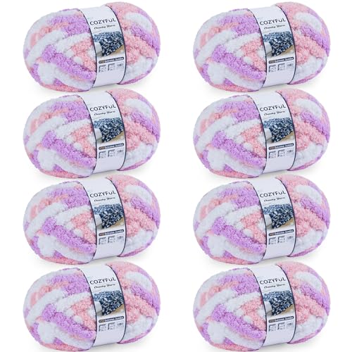 Cozyful Chunky Yarn for Hand Knitting - #10 Chunky Chenille Blanket Yarn, Jumbo Big Thick Chunky Yarns for Crocheting, Tie Dye Bulky Knit Yarns, 8 Skein (25 yds 8 oz Each Skein), Purple&Pink&White - Image 1