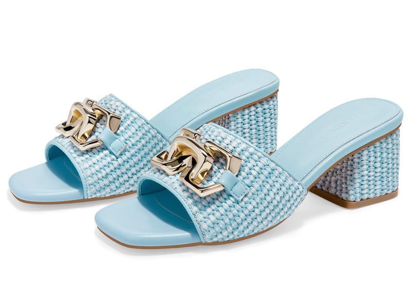 Coutgo Womens Raffia Slide Sandals Chunky Block Heeled Square Open Toe Metal Chain Slip on Mules Dressy Shoes, Sky Blue, size 8.5 - Image 2