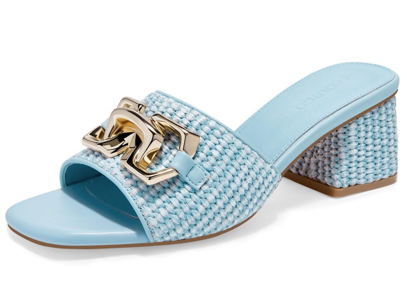 Coutgo Womens Raffia Slide Sandals Chunky Block Heeled Square Open Toe Metal Chain Slip on Mules Dressy Shoes, Sky Blue, size 8.5 - Image 1