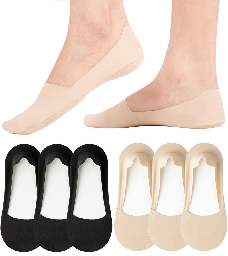 floconssy No Show Socks Womens Nylon Non Slip Low Cut Invisible Liner Footies Thin Silk Socks for Flats Loafers Lightweight 6 Pairs Black Nude Size 5-8 - Image 1