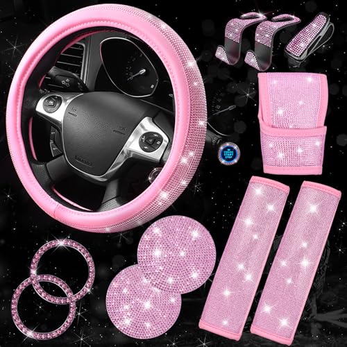 CAR PASS 11 PCS Bling Car Accessories Set for Women Sparkly Rhinestone Diamond Steering Wheel Cover Bling Seat Belt Cushion Shift Knob Cover Push Start Button Ring Car Cup Holder Coaster Pink - Image 1