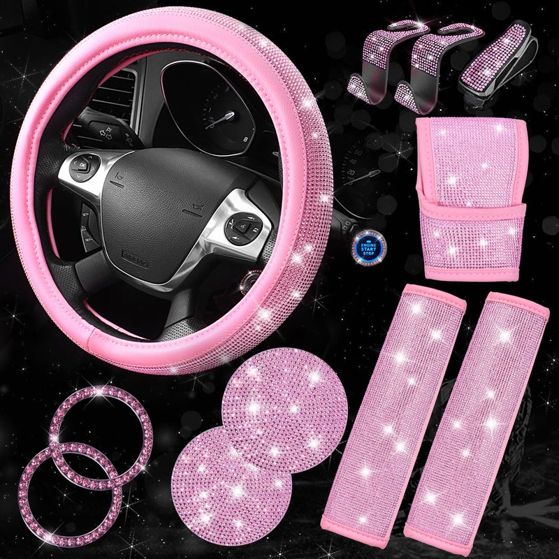 CAR PASS 11 PCS Bling Car Accessories Set for Women Sparkly Rhinestone Diamond Steering Wheel Cover Bling Seat Belt Cushion Shift Knob Cover Push Start Button Ring Car Cup Holder Coaster Pink - Image 2