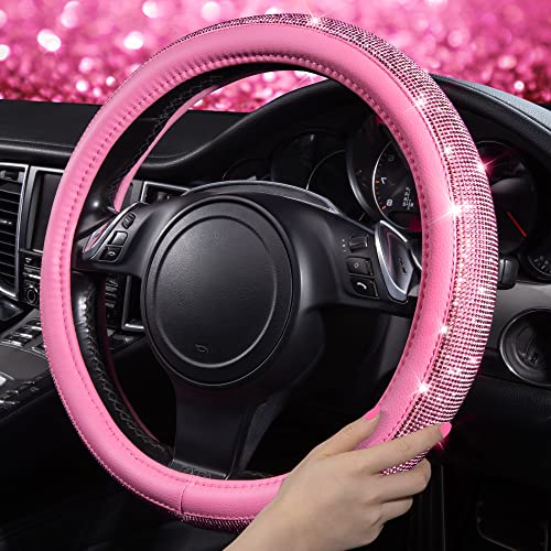 CAR PASS 11 PCS Bling Car Accessories Set for Women Sparkly Rhinestone Diamond Steering Wheel Cover Bling Seat Belt Cushion Shift Knob Cover Push Start Button Ring Car Cup Holder Coaster Pink - Image 3
