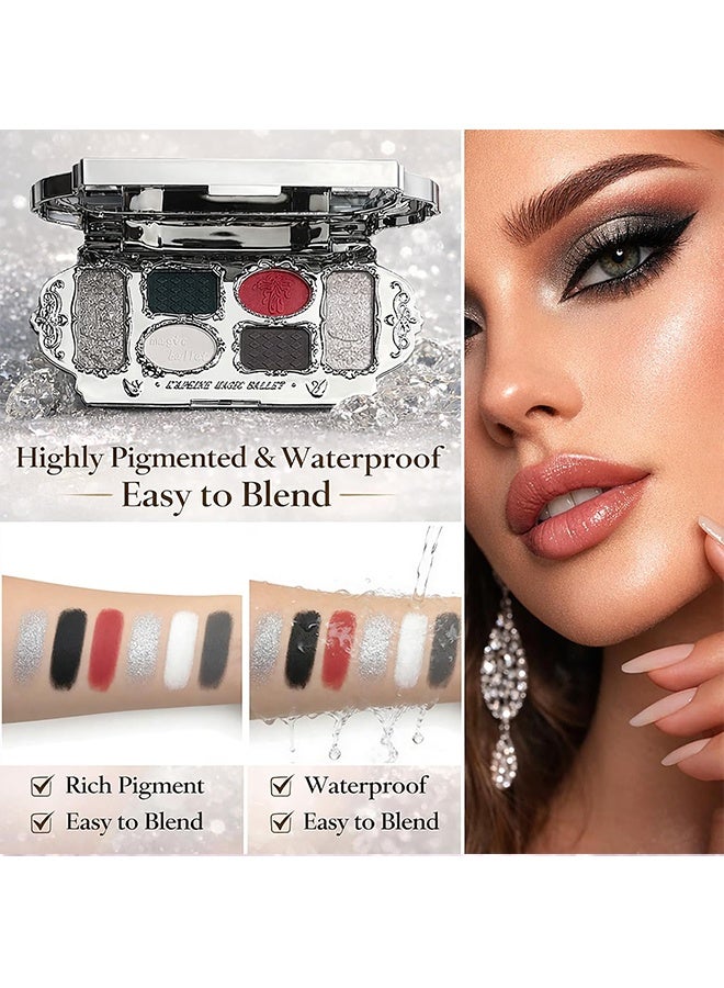 KAPEINE Black Red Eyeshadow Palette, 6Colors Eye Shades with 4 Matte + 2 Shimmer Silver Makeup Palette High Pigment Blendable Eye Shadow Long Lasting Makeup Set for Women Daily, Party-#02 Black Swan - Image 5
