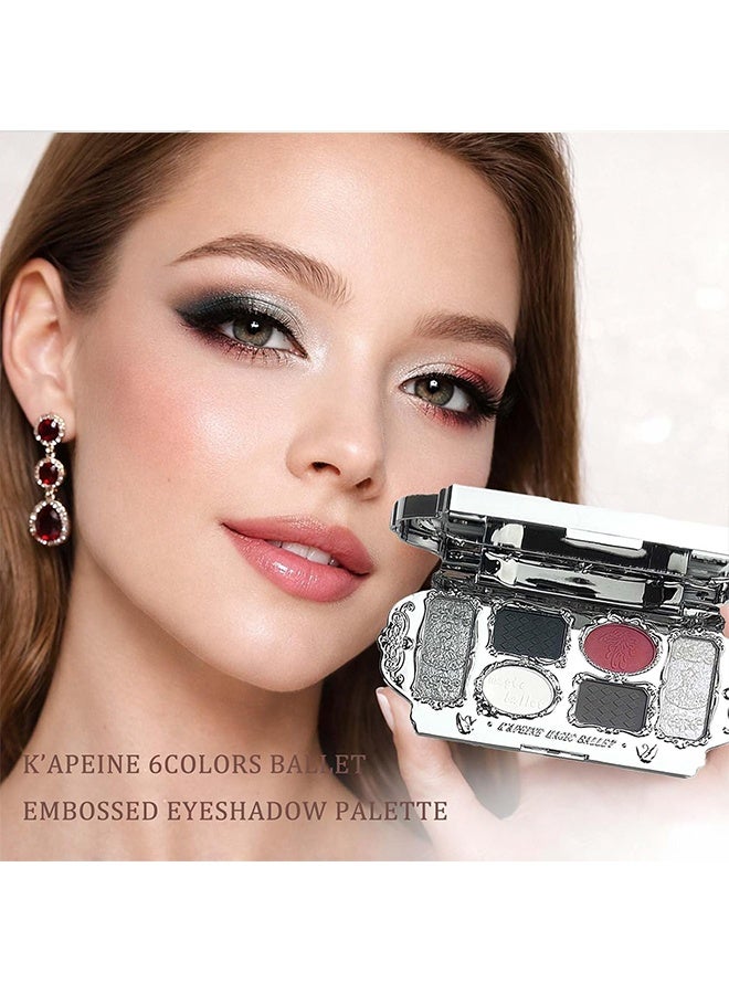 KAPEINE Black Red Eyeshadow Palette, 6Colors Eye Shades with 4 Matte + 2 Shimmer Silver Makeup Palette High Pigment Blendable Eye Shadow Long Lasting Makeup Set for Women Daily, Party-#02 Black Swan - Image 2
