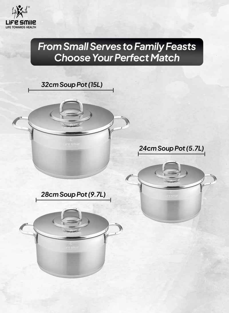 Life Smile Stainless Steel Cookware Set-6pcs Soup Pot with Lids | 24cm,28cm,32cmCasseroles | Durable Multi-Size Cooking Pots - Image 4