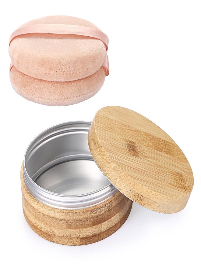 ELLDOO Body Powder Puff and Container, 10oz Empty Bamboo Case with Aluminum Inner Jar, Travel Loose Dusting Powder Storage Box with 2pcs Pink Powder Puffs for Baby Women - Image 1